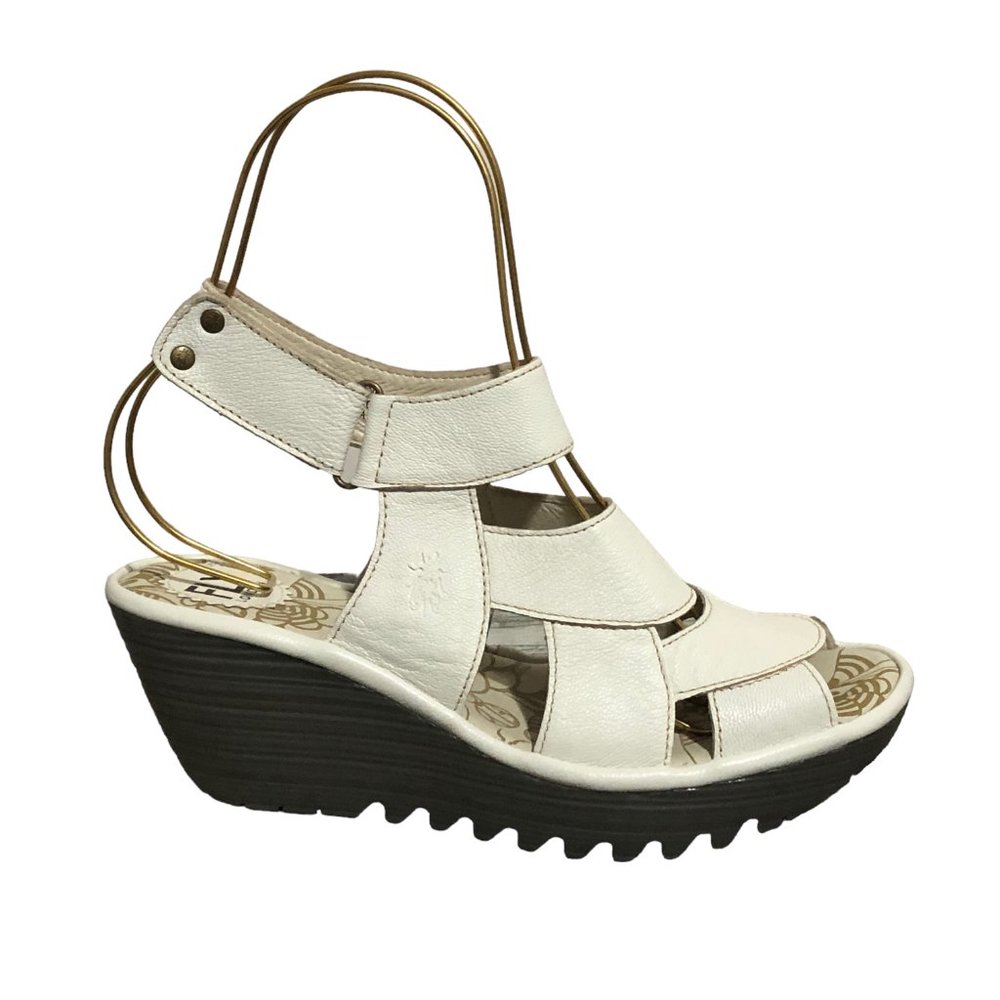 Fly London Yair White Leather  Ankle Strap White Open Toe Wedge Size 38